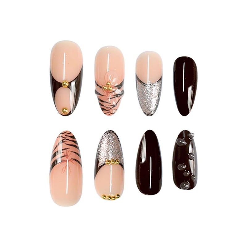 SEENEEY Long Press on Nails Almond Fake Nails Brown Acrylic Nail Press ons French with 3D Floral Designs Stick on Nail for Women 24pcs - Image 3